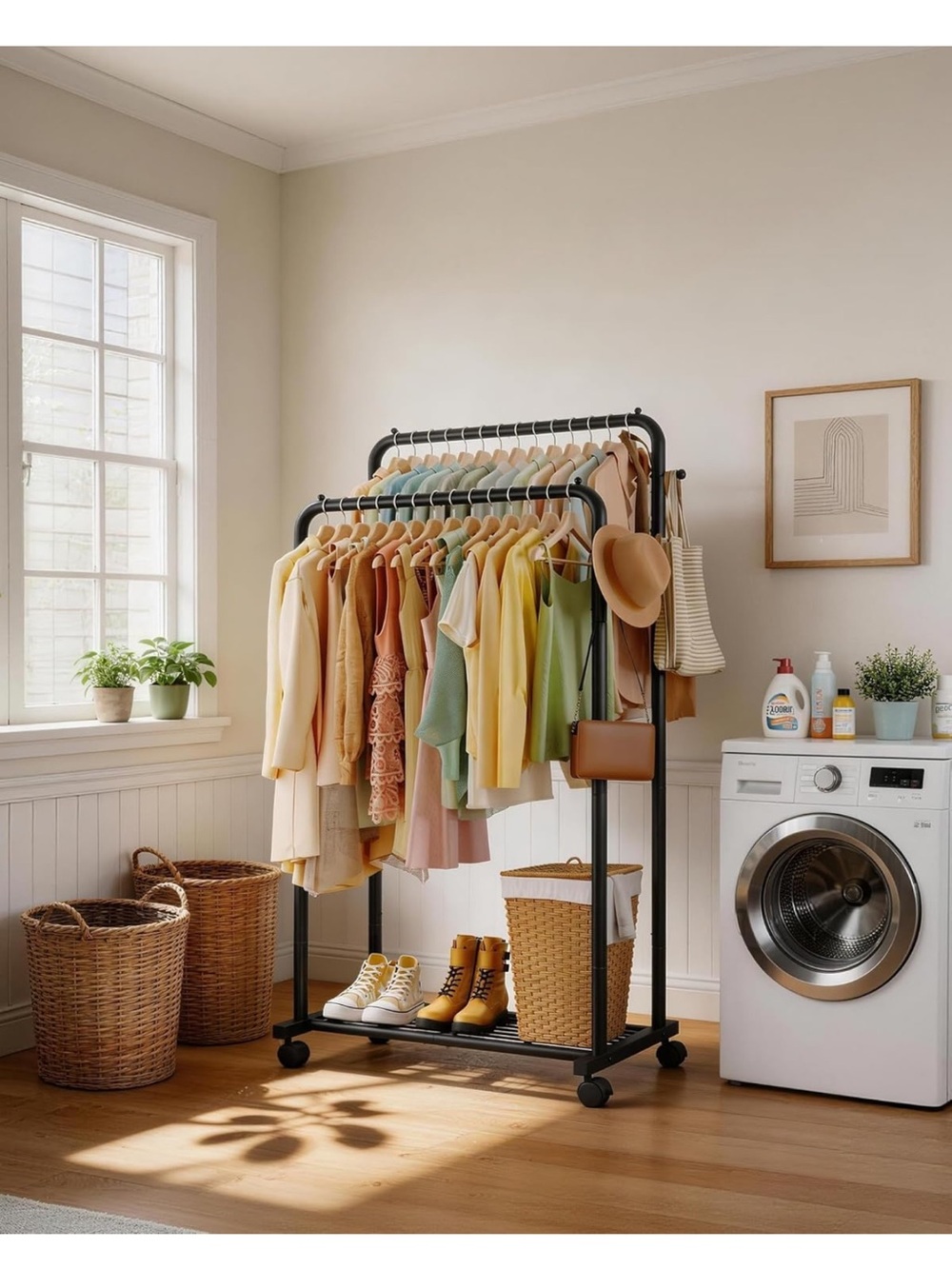 Black Double-Rod Clothing Rack with Mesh Shelf